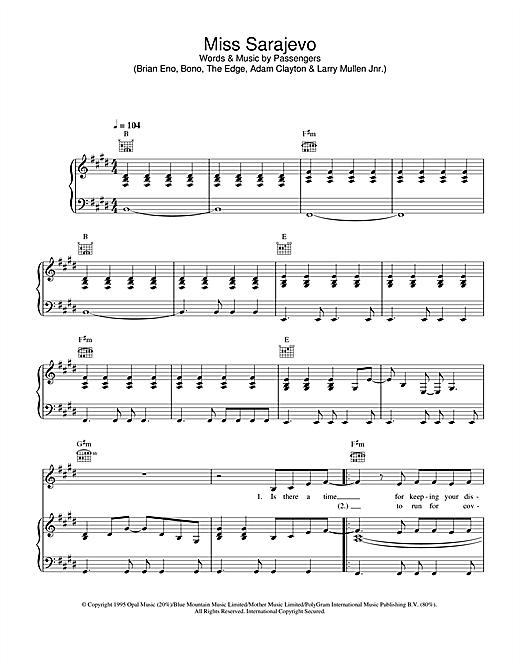 Preview U2 Miss Sarajevo Rock sheet music, notes and chords for Piano, Vocal & Guitar (Right-Hand Melody), SKU: 32416 sheet music, piano notes, chords, guitar tabs, score, transpose, transcribe, how to play, guide, download, learn, tutorial, progression, song, artist, awards, billboard, mtv, vh1, tour, single, album, release