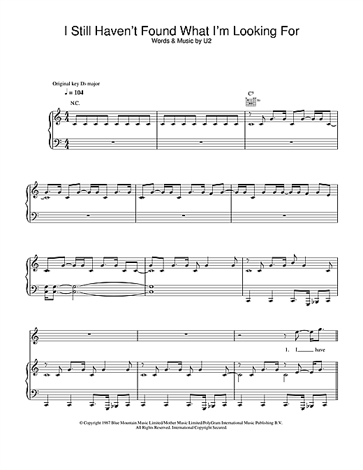 Preview U2 I Still Haven't Found What I'm Looking For Rock sheet music, notes and chords for Piano, Vocal & Guitar (Right-Hand Melody), SKU: 32417 sheet music, piano notes, chords, guitar tabs, score, transpose, transcribe, how to play, guide, download, learn, tutorial, progression, song, artist, awards, billboard, mtv, vh1, tour, single, album, release