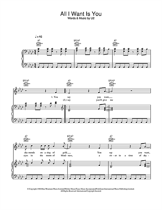 Preview U2 All I Want Is You Rock sheet music, notes and chords for Piano, Vocal & Guitar (Right-Hand Melody), SKU: 32418 sheet music, piano notes, chords, guitar tabs, score, transpose, transcribe, how to play, guide, download, learn, tutorial, progression, song, artist, awards, billboard, mtv, vh1, tour, single, album, release