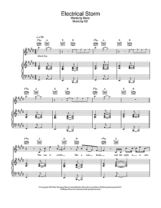 Preview U2 Electrical Storm Rock sheet music, notes and chords for Piano, Vocal & Guitar, SKU: 32419 sheet music, piano notes, chords, guitar tabs, score, transpose, transcribe, how to play, guide, download, learn, tutorial, progression, song, artist, awards, billboard, mtv, vh1, tour, single, album, release