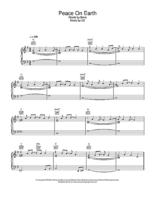 Preview U2 Peace On Earth Rock sheet music, notes and chords for Piano, Vocal & Guitar (Right-Hand Melody), SKU: 32420 sheet music, piano notes, chords, guitar tabs, score, transpose, transcribe, how to play, guide, download, learn, tutorial, progression, song, artist, awards, billboard, mtv, vh1, tour, single, album, release