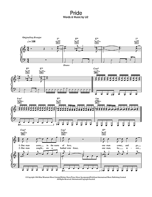 Preview U2 Pride (In The Name Of Love) Rock sheet music, notes and chords for Piano, Vocal & Guitar (Right-Hand Melody), SKU: 32422 sheet music, piano notes, chords, guitar tabs, score, transpose, transcribe, how to play, guide, download, learn, tutorial, progression, song, artist, awards, billboard, mtv, vh1, tour, single, album, release