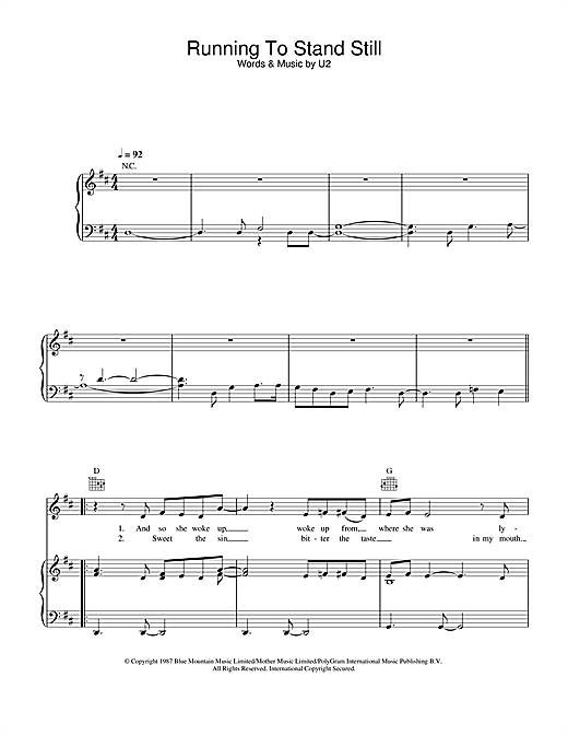 Preview U2 Running To Stand Still Rock sheet music, notes and chords for Piano, Vocal & Guitar (Right-Hand Melody), SKU: 32423 sheet music, piano notes, chords, guitar tabs, score, transpose, transcribe, how to play, guide, download, learn, tutorial, progression, song, artist, awards, billboard, mtv, vh1, tour, single, album, release
