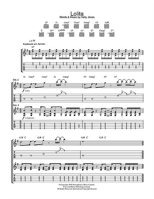 Preview Stereophonics Lolita Rock sheet music, notes and chords for Guitar Tab, SKU: 32424 sheet music, piano notes, chords, guitar tabs, score, transpose, transcribe, how to play, guide, download, learn, tutorial, progression, song, artist, awards, billboard, mtv, vh1, tour, single, album, release