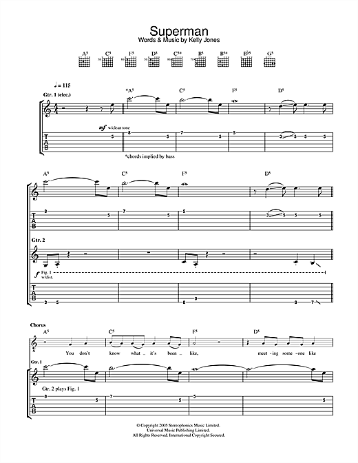 Preview Stereophonics Superman Rock sheet music, notes and chords for Guitar Tab, SKU: 32425 sheet music, piano notes, chords, guitar tabs, score, transpose, transcribe, how to play, guide, download, learn, tutorial, progression, song, artist, awards, billboard, mtv, vh1, tour, single, album, release