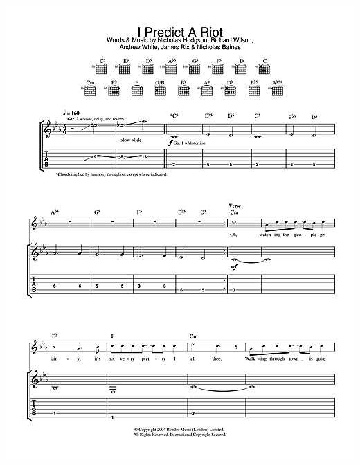 Preview Kaiser Chiefs I Predict A Riot Rock sheet music, notes and chords for Guitar Tab, SKU: 32429 sheet music, piano notes, chords, guitar tabs, score, transpose, transcribe, how to play, guide, download, learn, tutorial, progression, song, artist, awards, billboard, mtv, vh1, tour, single, album, release