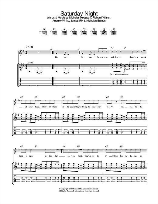 Preview Kaiser Chiefs Saturday Night Rock sheet music, notes and chords for Guitar Tab, SKU: 32433 sheet music, piano notes, chords, guitar tabs, score, transpose, transcribe, how to play, guide, download, learn, tutorial, progression, song, artist, awards, billboard, mtv, vh1, tour, single, album, release
