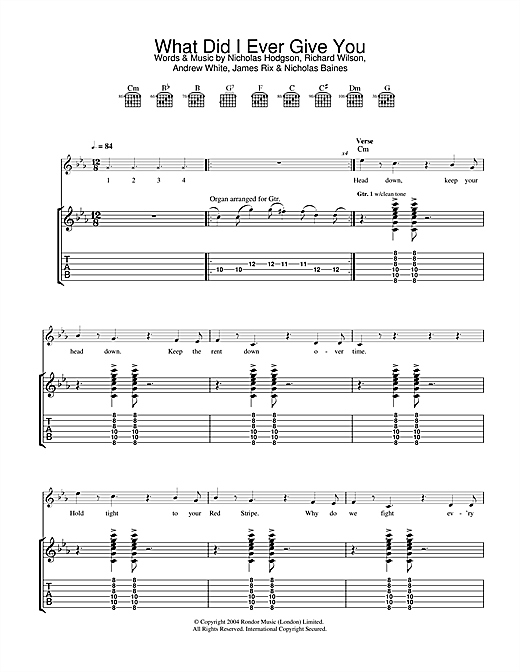 Preview Kaiser Chiefs What Did I Ever Give You? Rock sheet music, notes and chords for Guitar Tab, SKU: 32434 sheet music, piano notes, chords, guitar tabs, score, transpose, transcribe, how to play, guide, download, learn, tutorial, progression, song, artist, awards, billboard, mtv, vh1, tour, single, album, release