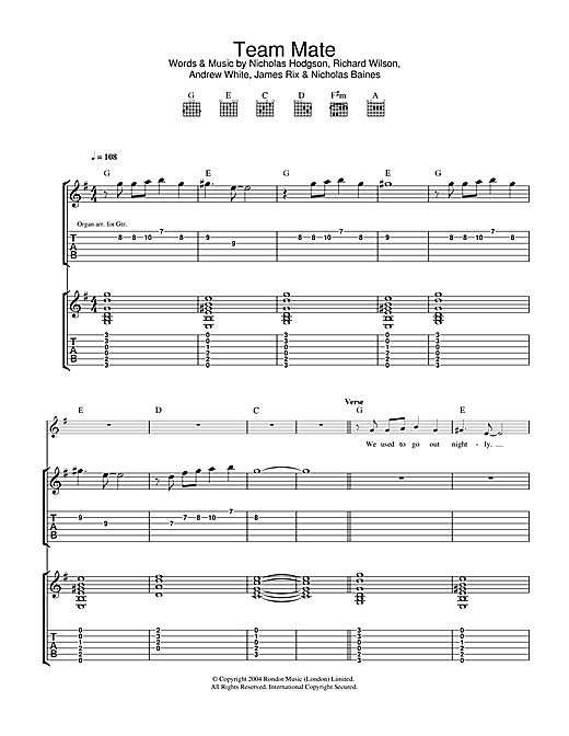 Preview Kaiser Chiefs Team Mate Rock sheet music, notes and chords for Guitar Tab, SKU: 32436 sheet music, piano notes, chords, guitar tabs, score, transpose, transcribe, how to play, guide, download, learn, tutorial, progression, song, artist, awards, billboard, mtv, vh1, tour, single, album, release