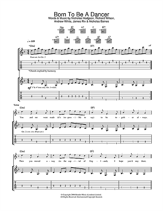 Preview Kaiser Chiefs Born To Be A Dancer Rock sheet music, notes and chords for Guitar Tab, SKU: 32438 sheet music, piano notes, chords, guitar tabs, score, transpose, transcribe, how to play, guide, download, learn, tutorial, progression, song, artist, awards, billboard, mtv, vh1, tour, single, album, release