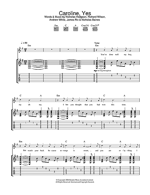 Preview Kaiser Chiefs Caroline, Yes Rock sheet music, notes and chords for Guitar Tab, SKU: 32439 sheet music, piano notes, chords, guitar tabs, score, transpose, transcribe, how to play, guide, download, learn, tutorial, progression, song, artist, awards, billboard, mtv, vh1, tour, single, album, release