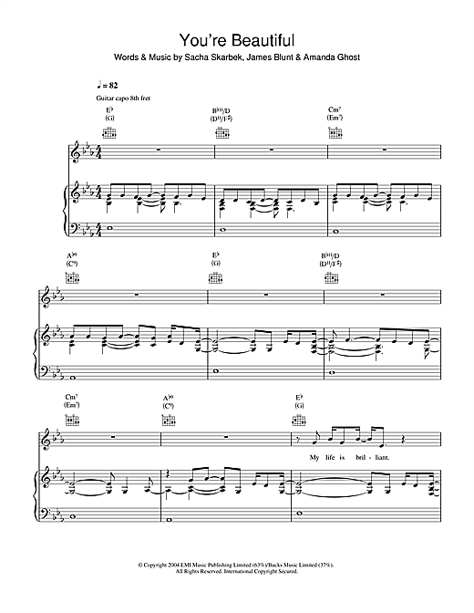 Preview James Blunt You're Beautiful Pop sheet music, notes and chords for Piano, Vocal & Guitar, SKU: 32440 sheet music, piano notes, chords, guitar tabs, score, transpose, transcribe, how to play, guide, download, learn, tutorial, progression, song, artist, awards, billboard, mtv, vh1, tour, single, album, release