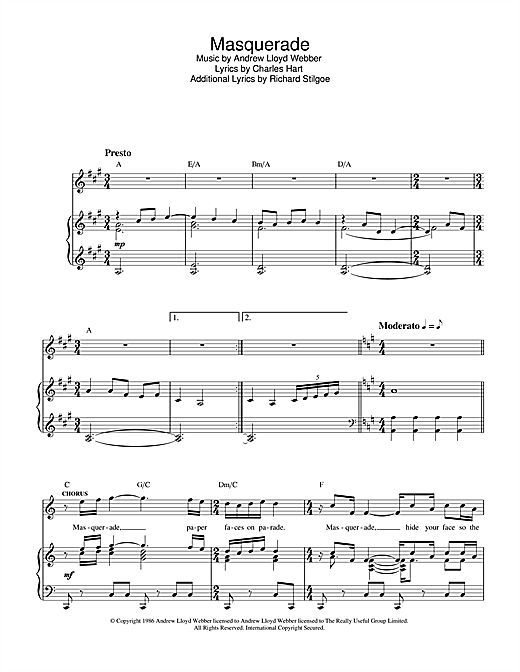 Preview Andrew Lloyd Webber Masquerade (from The Phantom Of The Opera) Musicals sheet music, notes and chords for Piano, Vocal & Guitar (Right-Hand Melody), SKU: 32442 sheet music, piano notes, chords, guitar tabs, score, transpose, transcribe, how to play, guide, download, learn, tutorial, progression, song, artist, awards, billboard, mtv, vh1, tour, single, album, release
