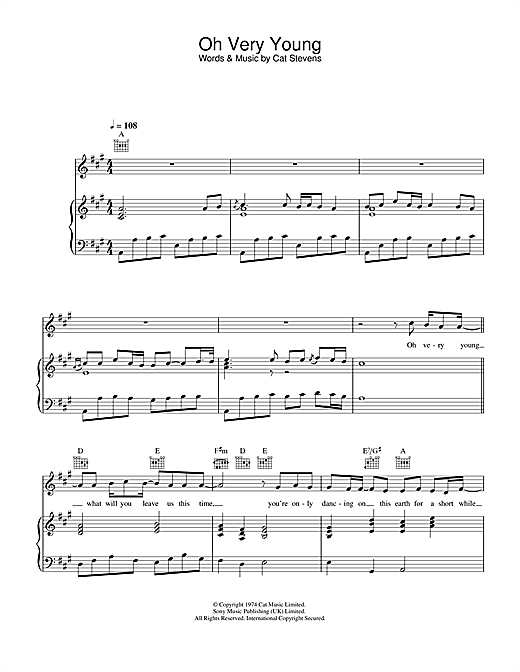 Preview Cat Stevens Oh Very Young Pop sheet music, notes and chords for Piano, Vocal & Guitar, SKU: 32443 sheet music, piano notes, chords, guitar tabs, score, transpose, transcribe, how to play, guide, download, learn, tutorial, progression, song, artist, awards, billboard, mtv, vh1, tour, single, album, release