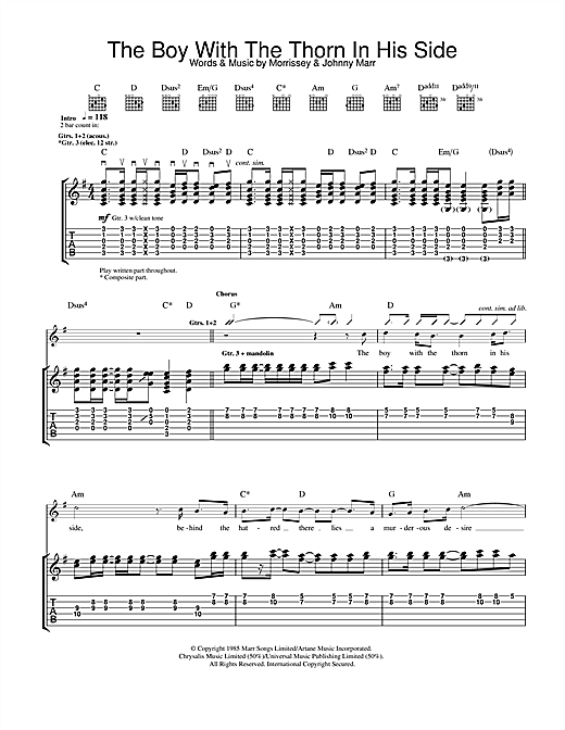 Preview The Smiths The Boy With The Thorn In His Side Indie sheet music, notes and chords for Guitar Tab, SKU: 32446 sheet music, piano notes, chords, guitar tabs, score, transpose, transcribe, how to play, guide, download, learn, tutorial, progression, song, artist, awards, billboard, mtv, vh1, tour, single, album, release