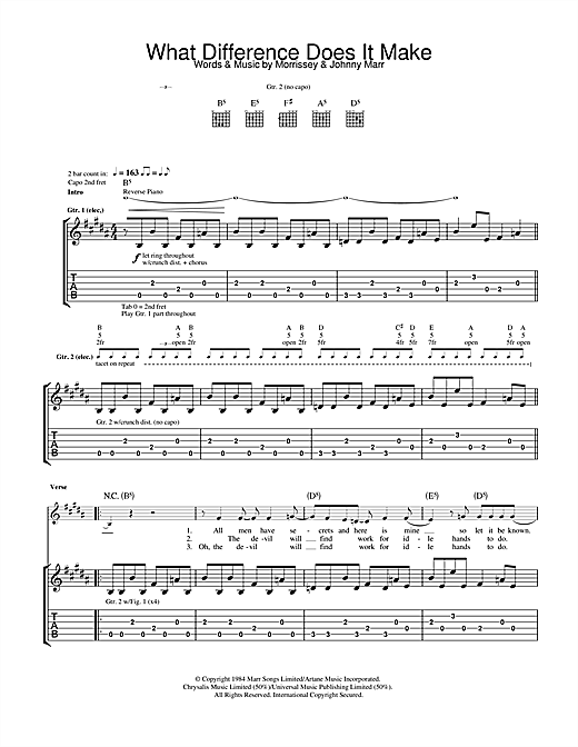 Preview The Smiths What Difference Does It Make? Indie sheet music, notes and chords for Guitar Tab, SKU: 32447 sheet music, piano notes, chords, guitar tabs, score, transpose, transcribe, how to play, guide, download, learn, tutorial, progression, song, artist, awards, billboard, mtv, vh1, tour, single, album, release