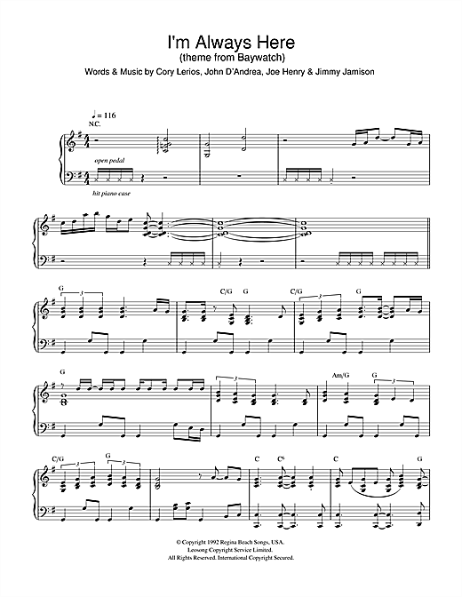 Preview Jimi Jamison I'm Always Here (theme from Baywatch) Film and TV sheet music, notes and chords for Piano, SKU: 32450 sheet music, piano notes, chords, guitar tabs, score, transpose, transcribe, how to play, guide, download, learn, tutorial, progression, song, artist, awards, billboard, mtv, vh1, tour, single, album, release