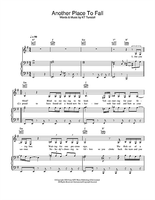 Preview KT Tunstall Another Place To Fall Pop sheet music, notes and chords for Piano, Vocal & Guitar (Right-Hand Melody), SKU: 32451 sheet music, piano notes, chords, guitar tabs, score, transpose, transcribe, how to play, guide, download, learn, tutorial, progression, song, artist, awards, billboard, mtv, vh1, tour, single, album, release