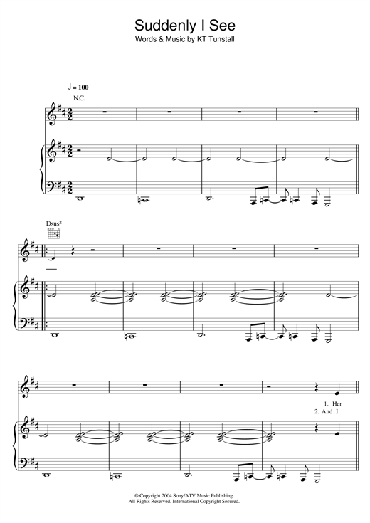 Preview KT Tunstall Suddenly I See Pop sheet music, notes and chords for Piano, Vocal & Guitar (Right-Hand Melody), SKU: 32453 sheet music, piano notes, chords, guitar tabs, score, transpose, transcribe, how to play, guide, download, learn, tutorial, progression, song, artist, awards, billboard, mtv, vh1, tour, single, album, release