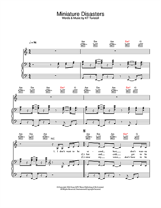 Preview KT Tunstall Miniature Disasters Pop sheet music, notes and chords for Piano, Vocal & Guitar (Right-Hand Melody), SKU: 32454 sheet music, piano notes, chords, guitar tabs, score, transpose, transcribe, how to play, guide, download, learn, tutorial, progression, song, artist, awards, billboard, mtv, vh1, tour, single, album, release