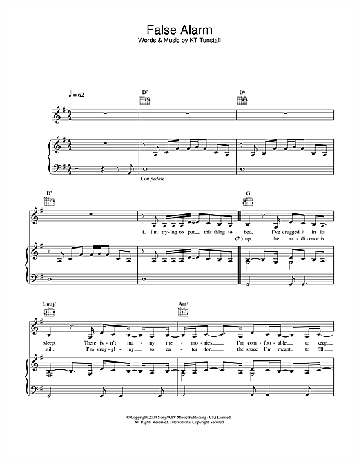 Preview KT Tunstall False Alarm Pop sheet music, notes and chords for Piano, Vocal & Guitar (Right-Hand Melody), SKU: 32457 sheet music, piano notes, chords, guitar tabs, score, transpose, transcribe, how to play, guide, download, learn, tutorial, progression, song, artist, awards, billboard, mtv, vh1, tour, single, album, release