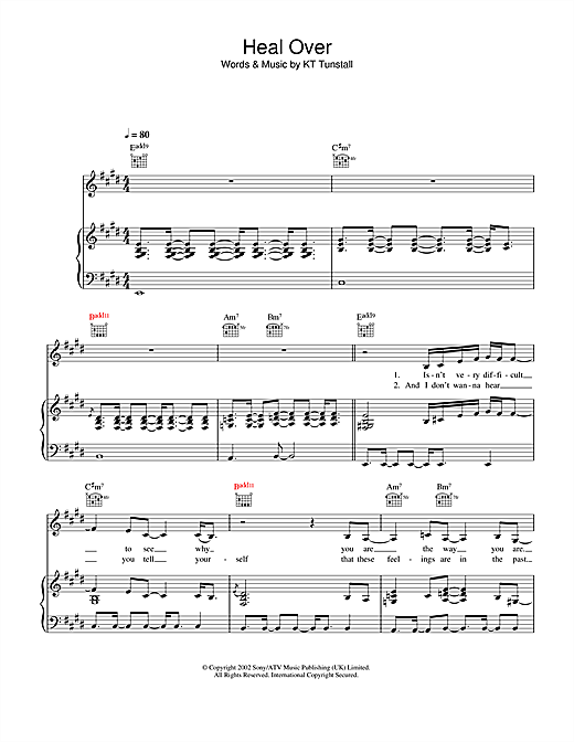 Preview KT Tunstall Heal Over Pop sheet music, notes and chords for Piano, Vocal & Guitar (Right-Hand Melody), SKU: 32458 sheet music, piano notes, chords, guitar tabs, score, transpose, transcribe, how to play, guide, download, learn, tutorial, progression, song, artist, awards, billboard, mtv, vh1, tour, single, album, release