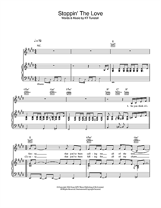 Preview KT Tunstall Stoppin' The Love Pop sheet music, notes and chords for Piano, Vocal & Guitar (Right-Hand Melody), SKU: 32459 sheet music, piano notes, chords, guitar tabs, score, transpose, transcribe, how to play, guide, download, learn, tutorial, progression, song, artist, awards, billboard, mtv, vh1, tour, single, album, release