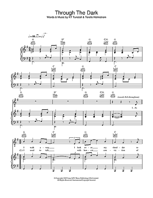 Preview KT Tunstall Through The Dark Pop sheet music, notes and chords for Piano, Vocal & Guitar (Right-Hand Melody), SKU: 32460 sheet music, piano notes, chords, guitar tabs, score, transpose, transcribe, how to play, guide, download, learn, tutorial, progression, song, artist, awards, billboard, mtv, vh1, tour, single, album, release