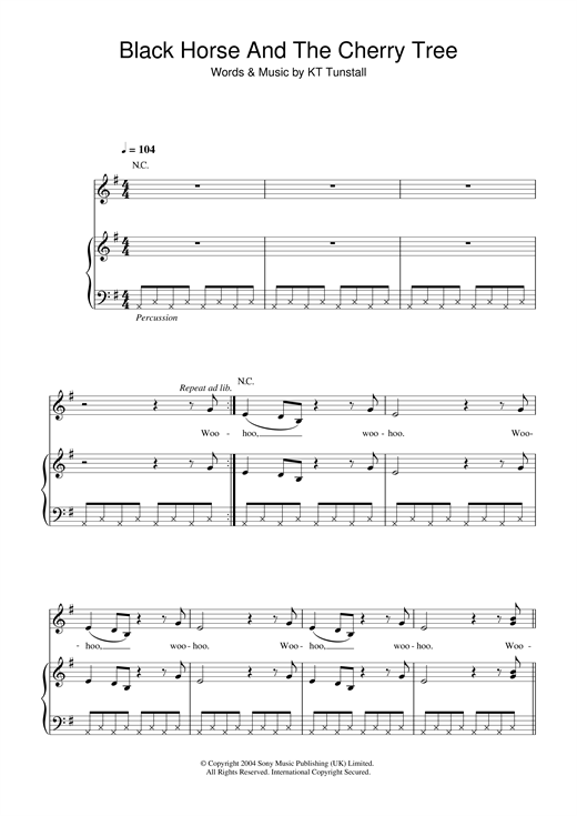 Preview KT Tunstall Black Horse And The Cherry Tree Pop sheet music, notes and chords for Piano, Vocal & Guitar (Right-Hand Melody), SKU: 32461 sheet music, piano notes, chords, guitar tabs, score, transpose, transcribe, how to play, guide, download, learn, tutorial, progression, song, artist, awards, billboard, mtv, vh1, tour, single, album, release