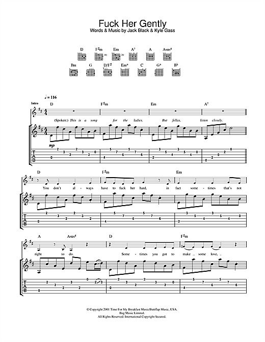 Preview Tenacious D Fuck Her Gently Rock sheet music, notes and chords for Guitar Tab, SKU: 32468 sheet music, piano notes, chords, guitar tabs, score, transpose, transcribe, how to play, guide, download, learn, tutorial, progression, song, artist, awards, billboard, mtv, vh1, tour, single, album, release