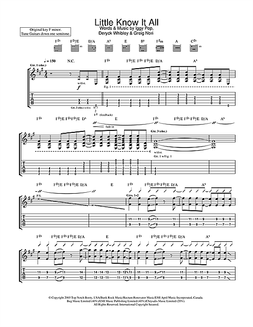 Preview Iggy Pop & Sum 41 Little Know It All Rock sheet music, notes and chords for Guitar Tab, SKU: 32470 sheet music, piano notes, chords, guitar tabs, score, transpose, transcribe, how to play, guide, download, learn, tutorial, progression, song, artist, awards, billboard, mtv, vh1, tour, single, album, release