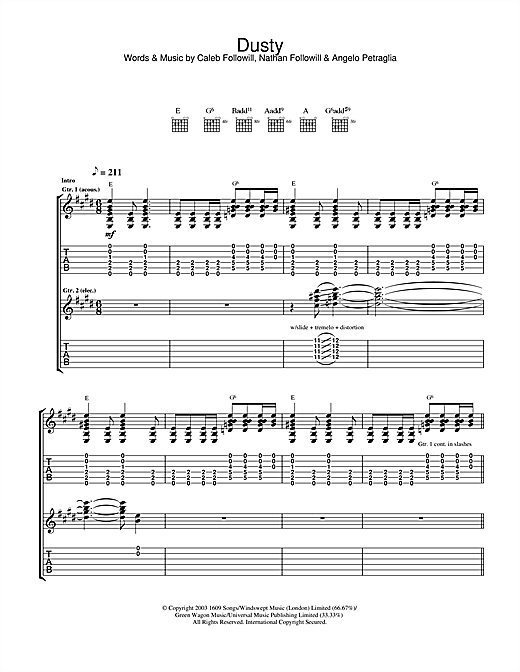 Preview Kings Of Leon Dusty Rock sheet music, notes and chords for Guitar Tab, SKU: 32472 sheet music, piano notes, chords, guitar tabs, score, transpose, transcribe, how to play, guide, download, learn, tutorial, progression, song, artist, awards, billboard, mtv, vh1, tour, single, album, release