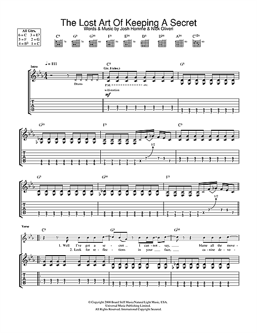 Preview Queens Of The Stone Age The Lost Art Of Keeping A Secret Rock sheet music, notes and chords for Guitar Tab, SKU: 32473 sheet music, piano notes, chords, guitar tabs, score, transpose, transcribe, how to play, guide, download, learn, tutorial, progression, song, artist, awards, billboard, mtv, vh1, tour, single, album, release