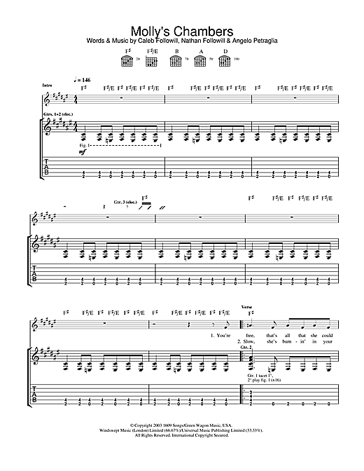 Preview Kings Of Leon Molly's Chambers Rock sheet music, notes and chords for Guitar Tab, SKU: 32475 sheet music, piano notes, chords, guitar tabs, score, transpose, transcribe, how to play, guide, download, learn, tutorial, progression, song, artist, awards, billboard, mtv, vh1, tour, single, album, release