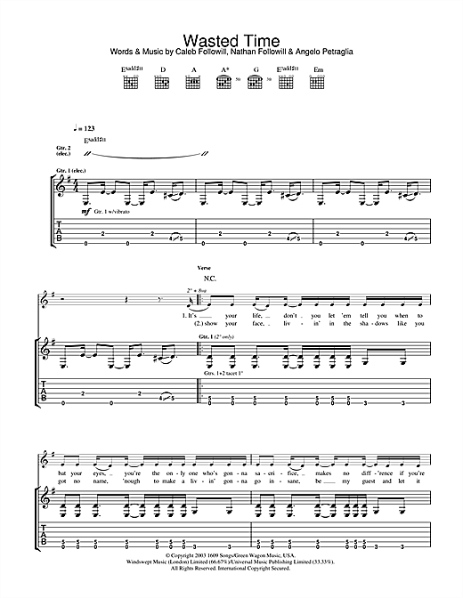 Preview Kings Of Leon Wasted Time Rock sheet music, notes and chords for Guitar Tab, SKU: 32479 sheet music, piano notes, chords, guitar tabs, score, transpose, transcribe, how to play, guide, download, learn, tutorial, progression, song, artist, awards, billboard, mtv, vh1, tour, single, album, release