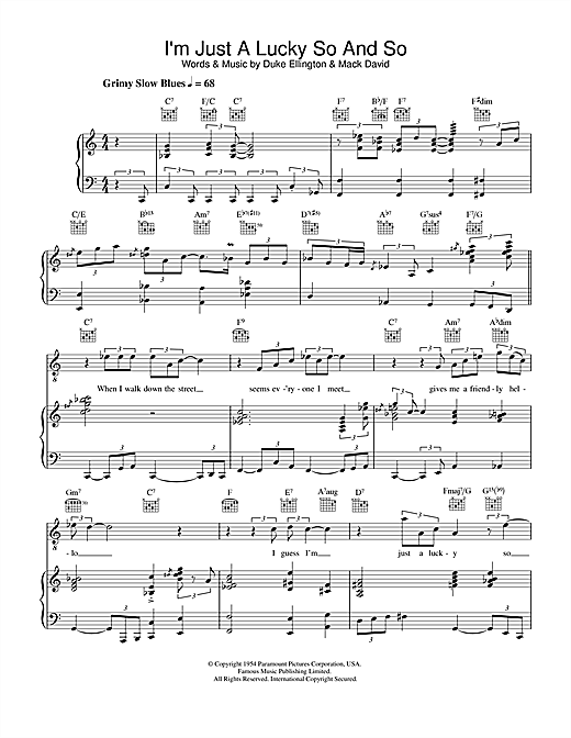 Preview Diana Krall I'm Just A Lucky So And So Jazz sheet music, notes and chords for Piano, Vocal & Guitar, SKU: 32485 sheet music, piano notes, chords, guitar tabs, score, transpose, transcribe, how to play, guide, download, learn, tutorial, progression, song, artist, awards, billboard, mtv, vh1, tour, single, album, release