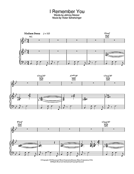 Preview Diana Krall I Remember You Jazz sheet music, notes and chords for Piano, Vocal & Guitar, SKU: 32486 sheet music, piano notes, chords, guitar tabs, score, transpose, transcribe, how to play, guide, download, learn, tutorial, progression, song, artist, awards, billboard, mtv, vh1, tour, single, album, release