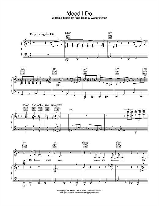Preview Diana Krall 'Deed I Do Jazz sheet music, notes and chords for Piano, Vocal & Guitar, SKU: 32490 sheet music, piano notes, chords, guitar tabs, score, transpose, transcribe, how to play, guide, download, learn, tutorial, progression, song, artist, awards, billboard, mtv, vh1, tour, single, album, release