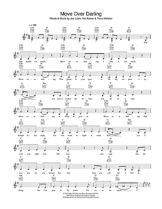 Preview Doris Day Move Over Darling Easy Listening sheet music, notes and chords for Melody Line, Lyrics & Chords, SKU: 32492 sheet music, piano notes, chords, guitar tabs, score, transpose, transcribe, how to play, guide, download, learn, tutorial, progression, song, artist, awards, billboard, mtv, vh1, tour, single, album, release