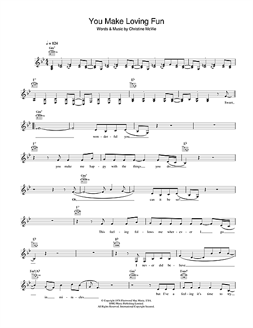 Preview Fleetwood Mac You Make Loving Fun Rock sheet music, notes and chords for Melody Line, Lyrics & Chords, SKU: 32493 sheet music, piano notes, chords, guitar tabs, score, transpose, transcribe, how to play, guide, download, learn, tutorial, progression, song, artist, awards, billboard, mtv, vh1, tour, single, album, release