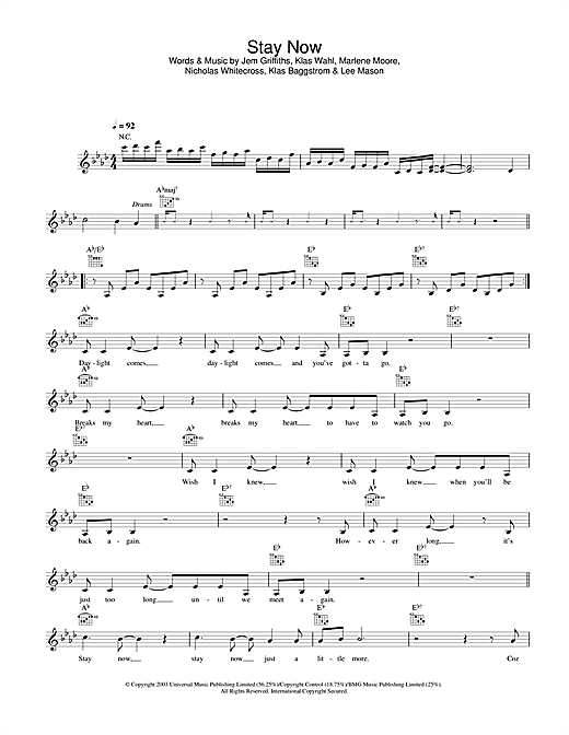 Preview Jem Stay Now Pop sheet music, notes and chords for Melody Line, Lyrics & Chords, SKU: 32503 sheet music, piano notes, chords, guitar tabs, score, transpose, transcribe, how to play, guide, download, learn, tutorial, progression, song, artist, awards, billboard, mtv, vh1, tour, single, album, release