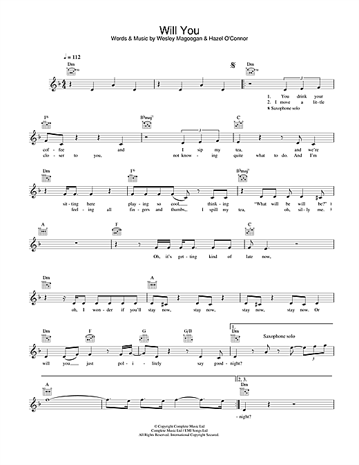 Preview Hazel O'Connor Will You Pop sheet music, notes and chords for Melody Line, Lyrics & Chords, SKU: 32506 sheet music, piano notes, chords, guitar tabs, score, transpose, transcribe, how to play, guide, download, learn, tutorial, progression, song, artist, awards, billboard, mtv, vh1, tour, single, album, release