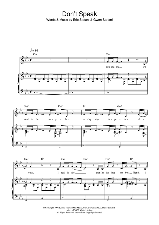 Preview No Doubt Don't Speak Pop sheet music, notes and chords for Piano & Vocal, SKU: 32507 sheet music, piano notes, chords, guitar tabs, score, transpose, transcribe, how to play, guide, download, learn, tutorial, progression, song, artist, awards, billboard, mtv, vh1, tour, single, album, release