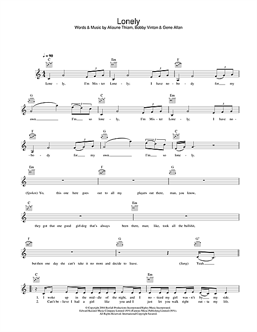 Preview Akon Lonely Pop sheet music, notes and chords for Melody Line, Lyrics & Chords, SKU: 32509 sheet music, piano notes, chords, guitar tabs, score, transpose, transcribe, how to play, guide, download, learn, tutorial, progression, song, artist, awards, billboard, mtv, vh1, tour, single, album, release