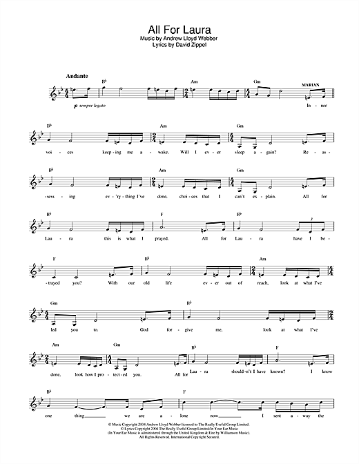 Preview Andrew Lloyd Webber All For Laura (from The Woman In White) Musicals sheet music, notes and chords for Melody Line, Lyrics & Chords, SKU: 32510 sheet music, piano notes, chords, guitar tabs, score, transpose, transcribe, how to play, guide, download, learn, tutorial, progression, song, artist, awards, billboard, mtv, vh1, tour, single, album, release