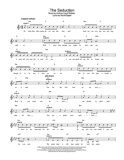 Preview Andrew Lloyd Webber The Seduction (from The Woman In White) Musicals sheet music, notes and chords for Melody Line, Lyrics & Chords, SKU: 32513 sheet music, piano notes, chords, guitar tabs, score, transpose, transcribe, how to play, guide, download, learn, tutorial, progression, song, artist, awards, billboard, mtv, vh1, tour, single, album, release