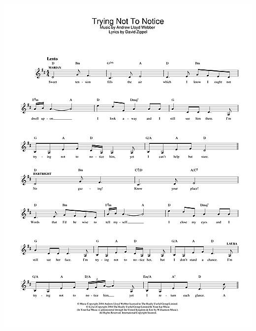 Preview Andrew Lloyd Webber Trying Not To Notice (from The Woman In White) Musicals sheet music, notes and chords for Melody Line, Lyrics & Chords, SKU: 32515 sheet music, piano notes, chords, guitar tabs, score, transpose, transcribe, how to play, guide, download, learn, tutorial, progression, song, artist, awards, billboard, mtv, vh1, tour, single, album, release