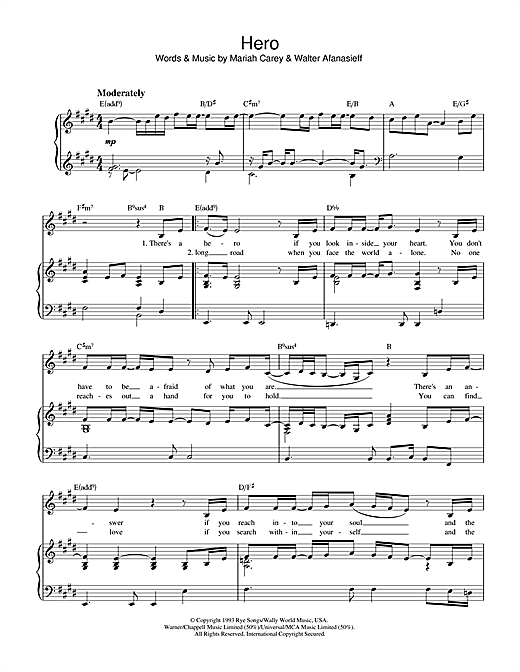 Preview Mariah Carey Hero Ballad sheet music, notes and chords for Piano & Vocal, SKU: 32517 sheet music, piano notes, chords, guitar tabs, score, transpose, transcribe, how to play, guide, download, learn, tutorial, progression, song, artist, awards, billboard, mtv, vh1, tour, single, album, release
