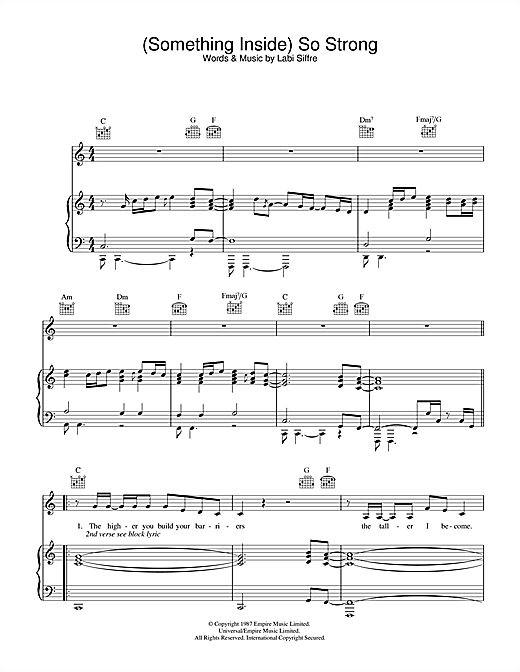 Preview Labi Siffre (Something Inside) So Strong Pop sheet music, notes and chords for Piano, Vocal & Guitar, SKU: 32518 sheet music, piano notes, chords, guitar tabs, score, transpose, transcribe, how to play, guide, download, learn, tutorial, progression, song, artist, awards, billboard, mtv, vh1, tour, single, album, release