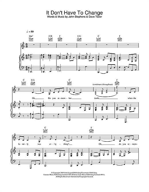 Preview John Legend It Don't Have To Change Pop sheet music, notes and chords for Piano, Vocal & Guitar, SKU: 32520 sheet music, piano notes, chords, guitar tabs, score, transpose, transcribe, how to play, guide, download, learn, tutorial, progression, song, artist, awards, billboard, mtv, vh1, tour, single, album, release